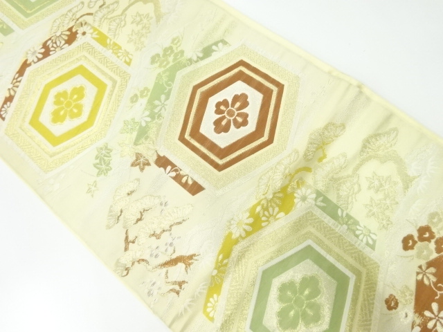 アンティーク　花亀甲に松楓模様織出し袋帯（材料）